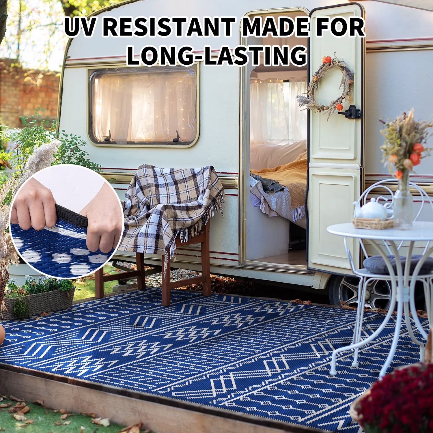 Outdoor Rug 5'X8' Waterproof Patio Rug Reversible Indoor Outdoor Rug Lightweight Plastic Straw Rug for RV Camping Deck Balcony Boho Porch Decor Blue and White