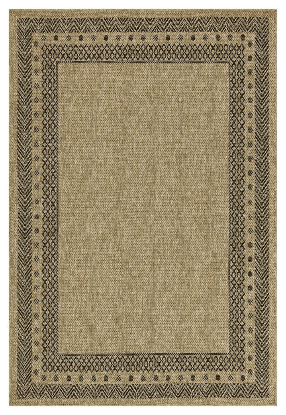 Beige area rug with black geometric border