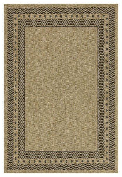 Beige area rug with black geometric border