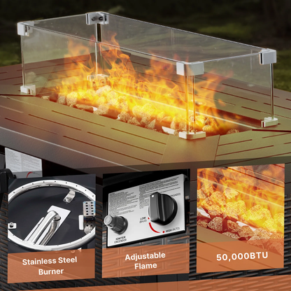 Outdoor fire pit with flames, featuring a stainless steel burner, adjustable flame, and 50,000 BTU rating.