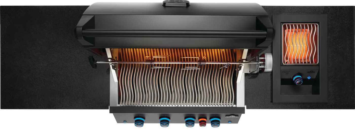 Close-up of a grill with visible heating elements and control knobs on a black background