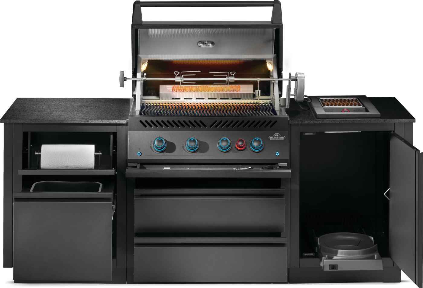 Black outdoor grill with multiple burners and control knobs on a white background