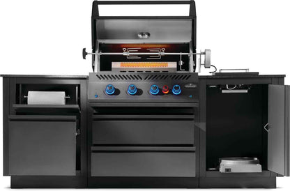 Black outdoor grill with multiple burners and storage compartments on a white background