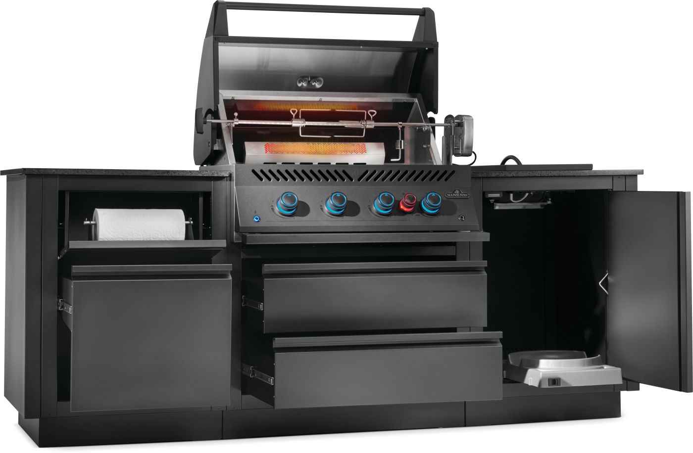Black outdoor kitchen grill with multiple drawers and a large screen on a white background
