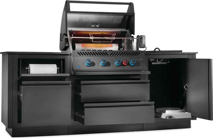 Black outdoor kitchen grill with multiple drawers and a large screen on a white background