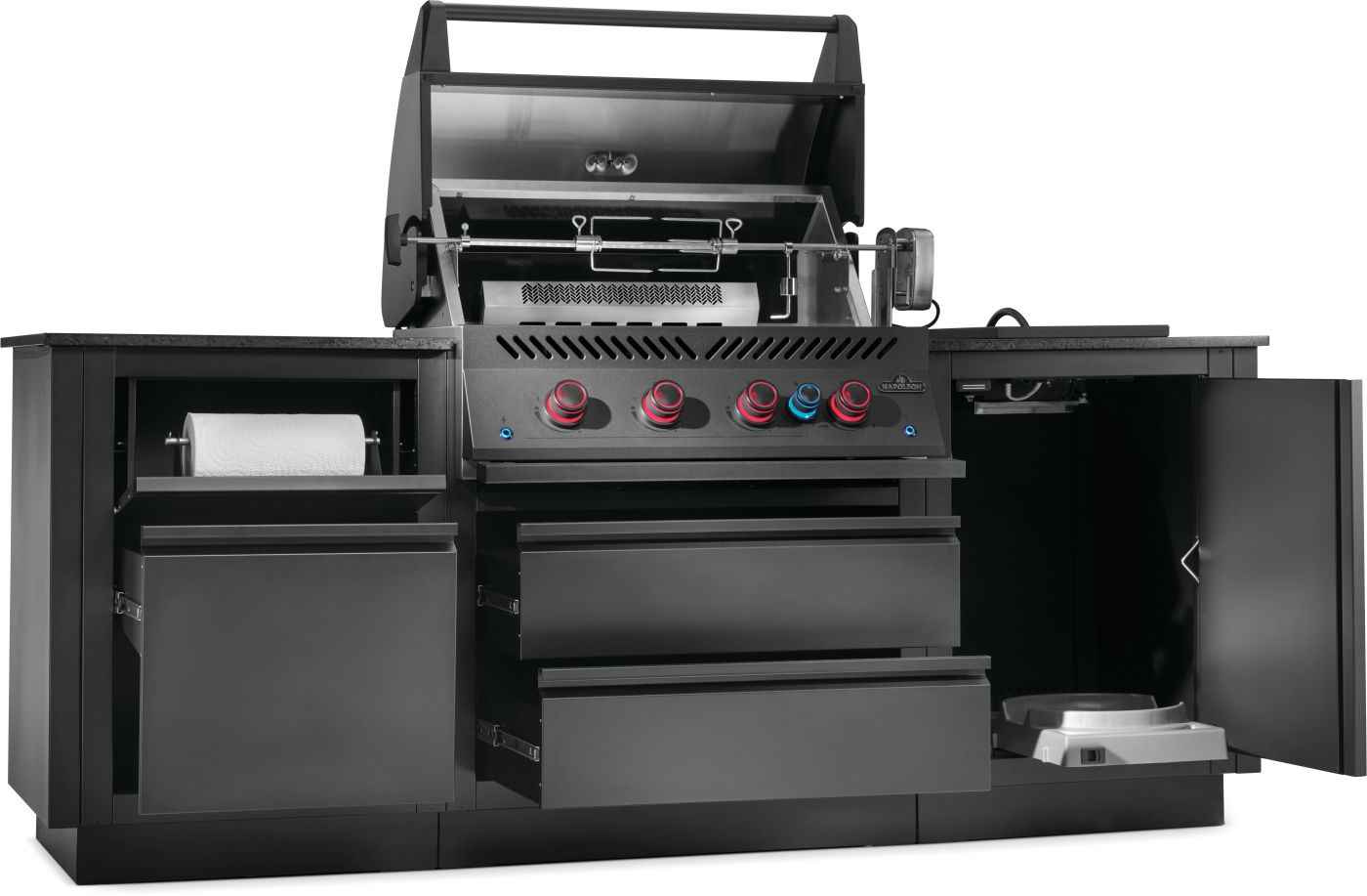 Black outdoor grill with storage drawers on a white background