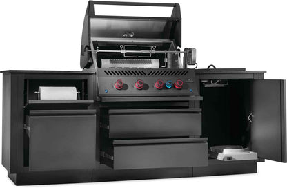 Black outdoor grill with storage drawers on a white background