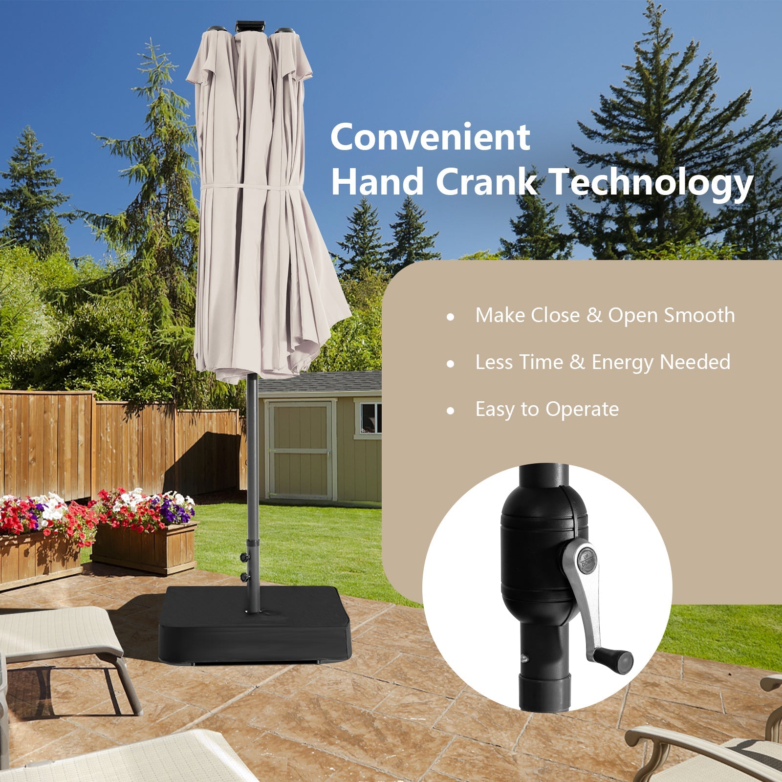 Outdoor umbrella with hand crank technology in a backyard setting