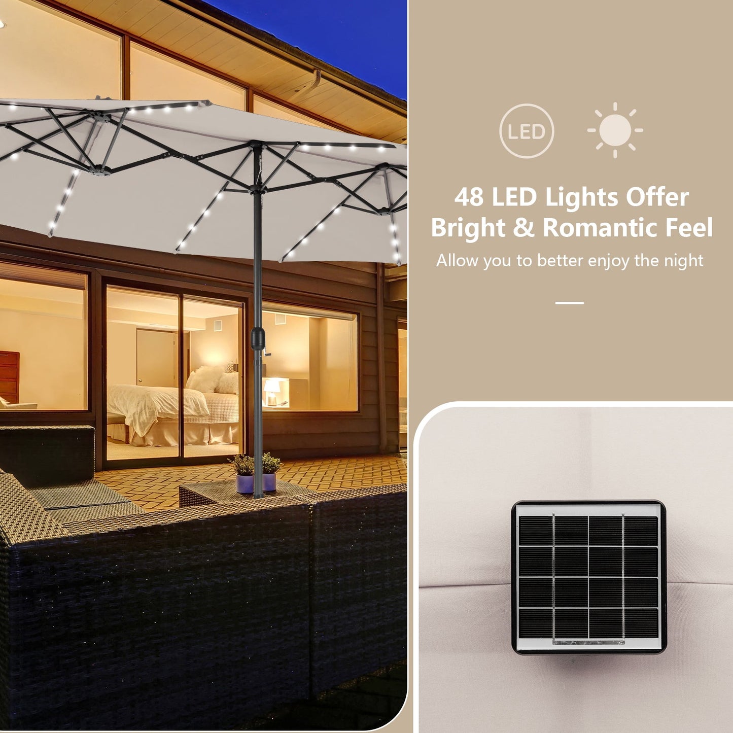Outdoor umbrella with LED lights and solar panel on a patio
