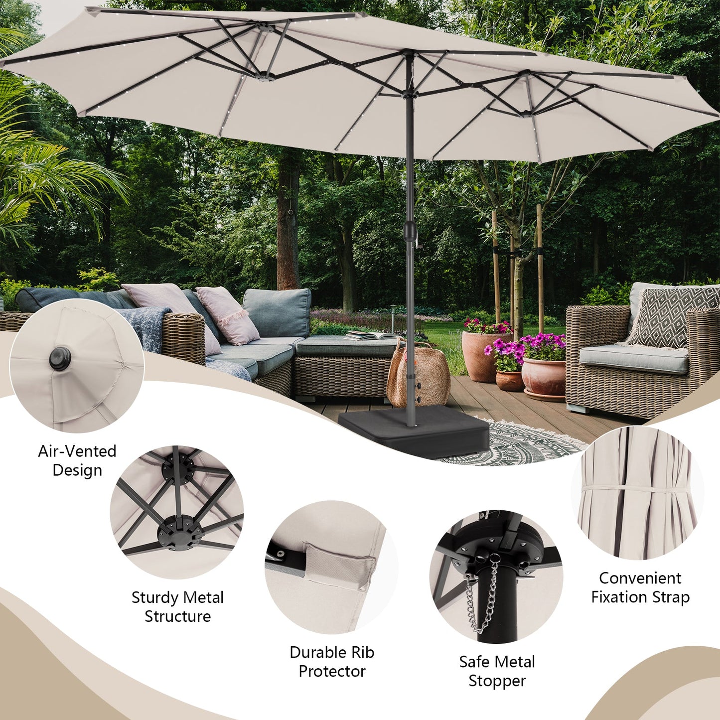 Outdoor patio umbrella with features highlighted on a white background