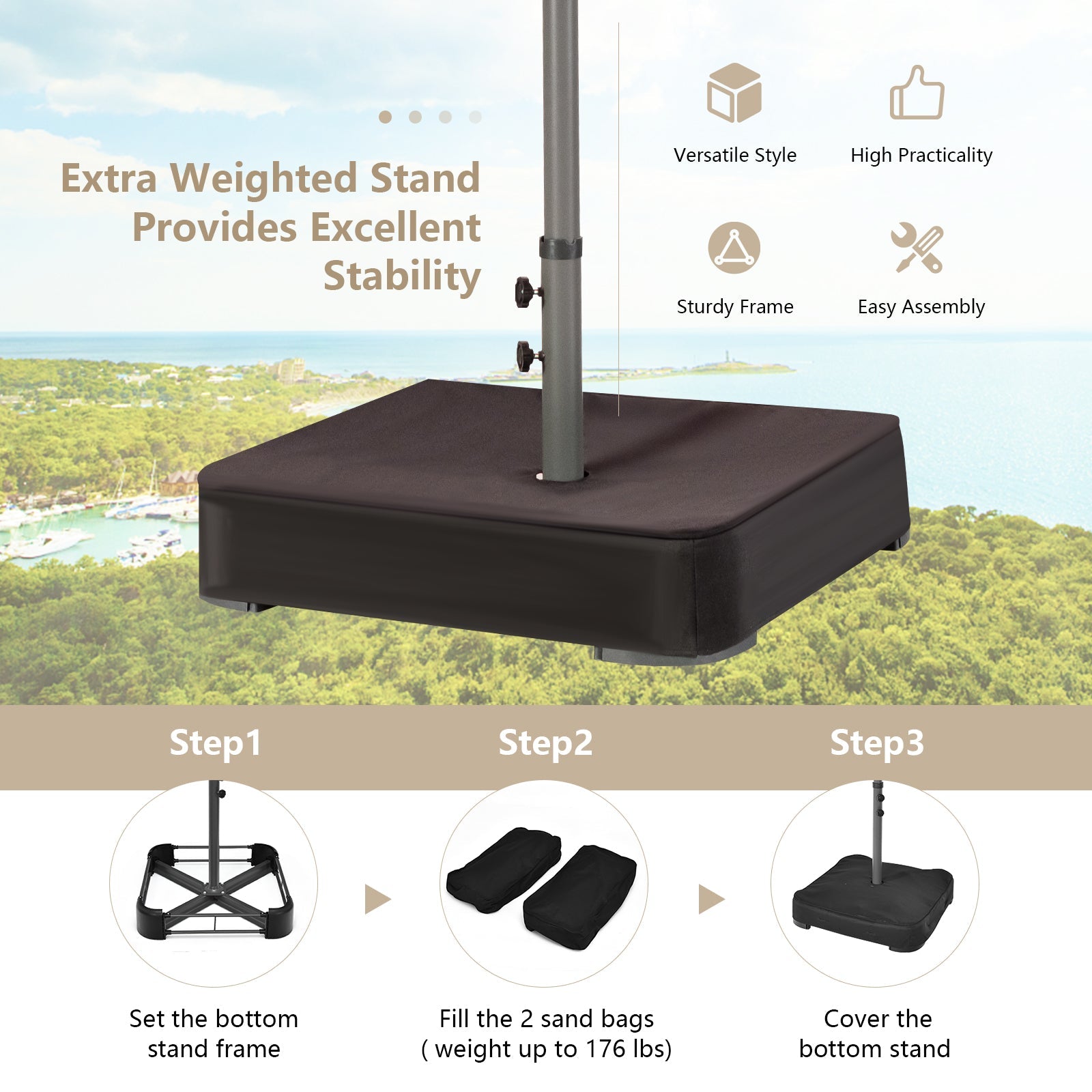 Patio umbrella stand with sand bags and assembly instructions against a scenic background