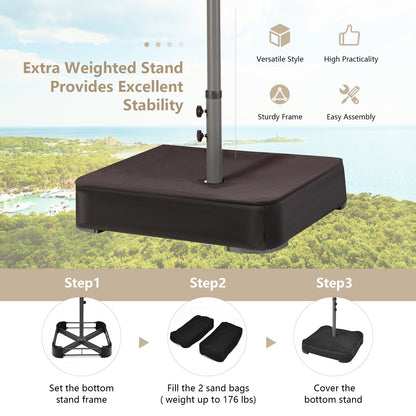 Patio umbrella stand with sand bags and assembly instructions against a scenic background