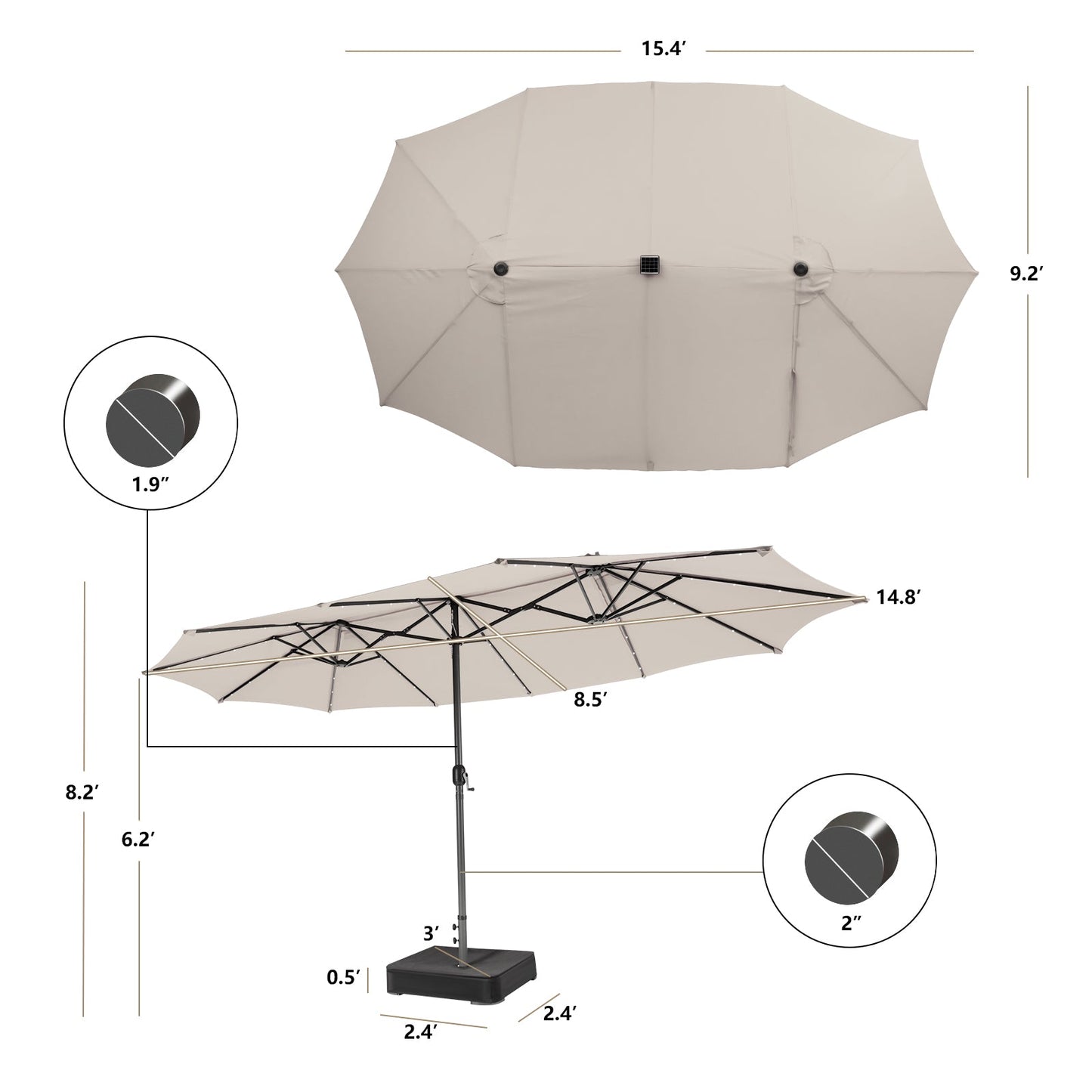 Beige patio umbrella with measurements on a white background