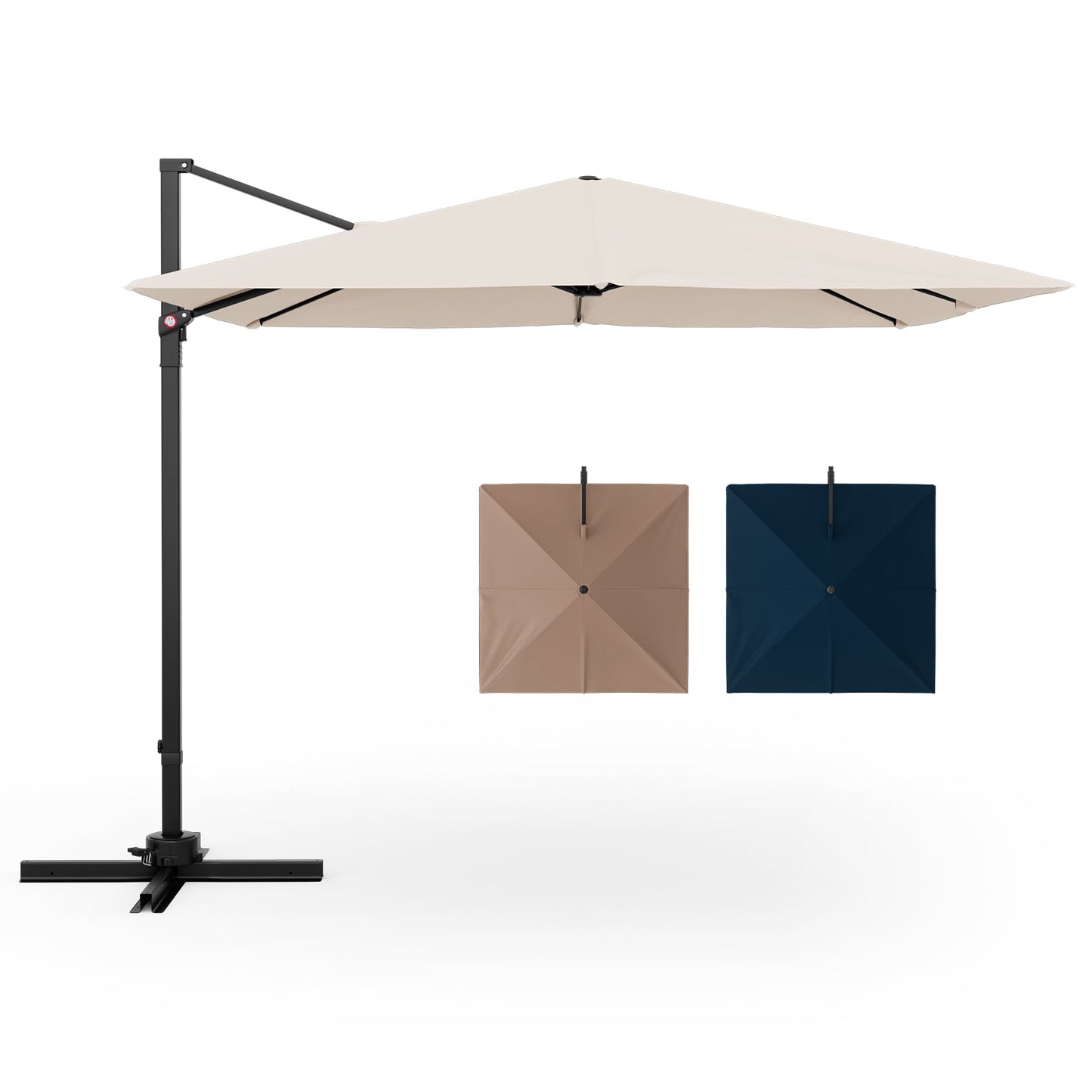 Beige patio umbrella with a stand on a white background