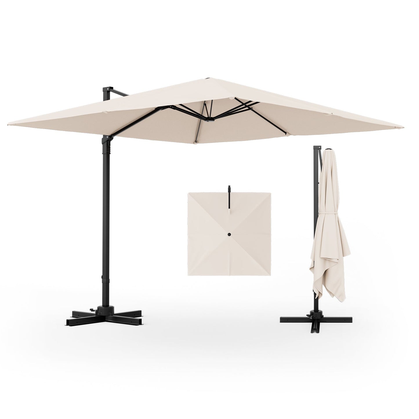 Beige patio umbrella with black stand on a white background