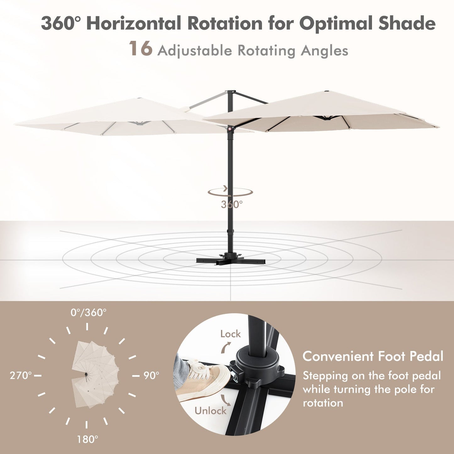 Beige patio umbrella with 360-degree rotation feature on a beige background