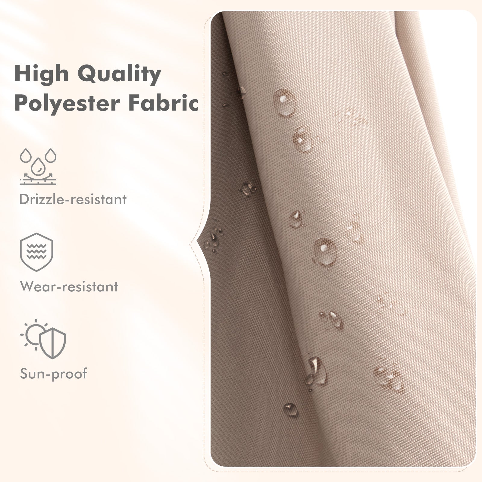 High quality polyester fabric with water droplets on a beige background
