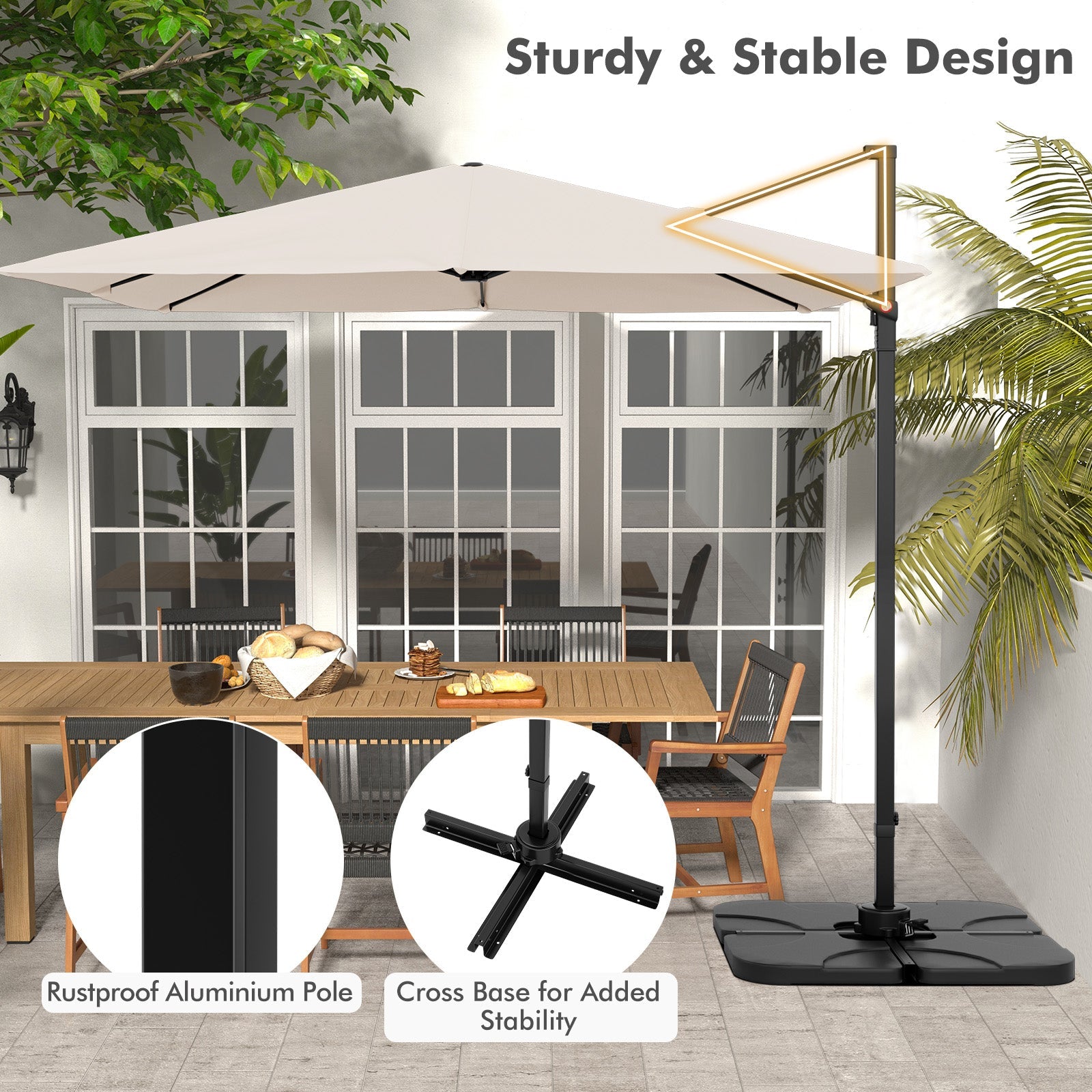 Outdoor patio umbrella with stable design features and dining area in the background