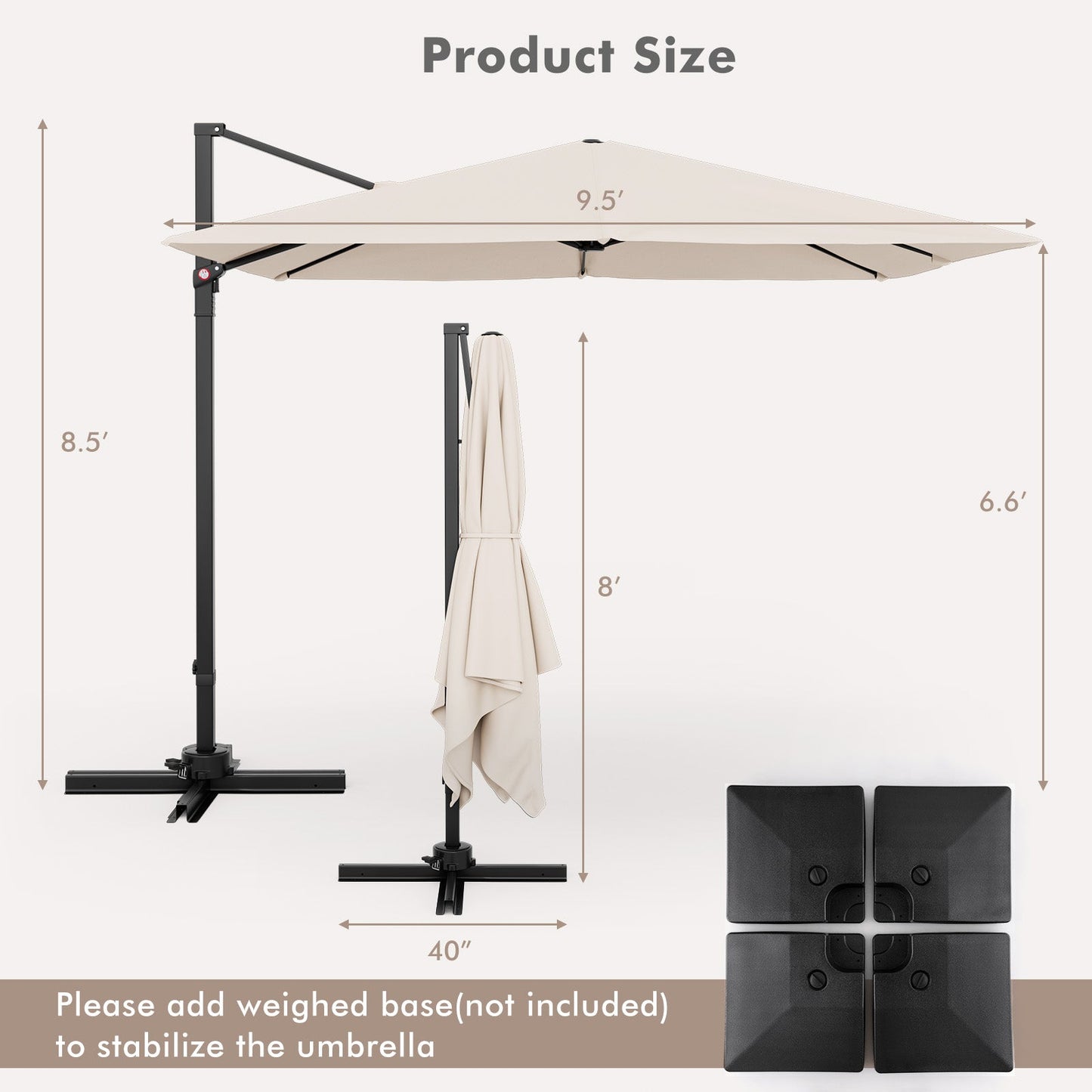 Beige patio umbrella with stand and weighted base on a white background, showing product size dimensions.