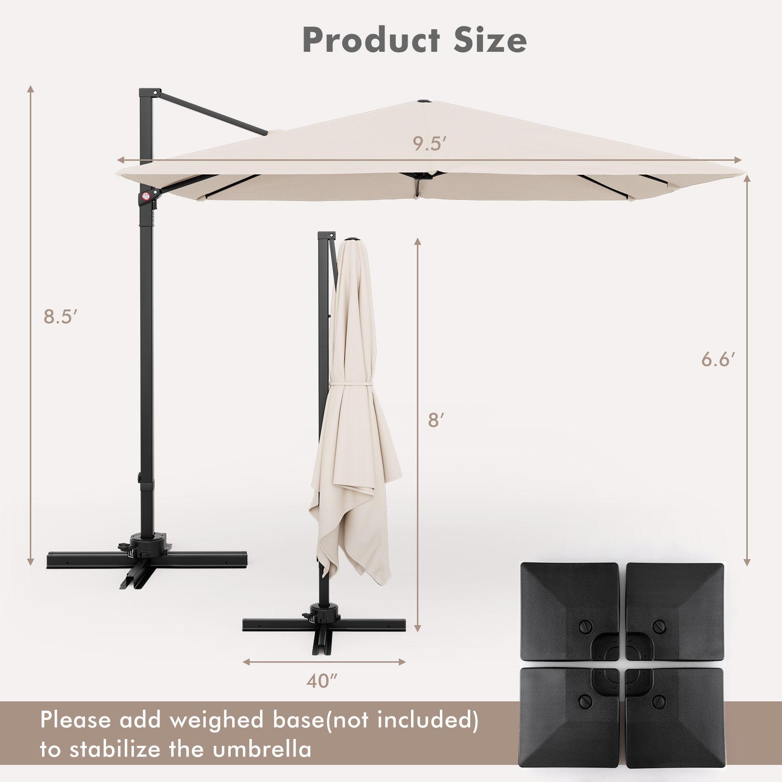 Beige patio umbrella with stand and weighted base on a white background, showing product size dimensions.