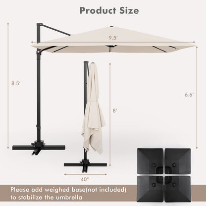 Beige patio umbrella with stand and weighted base on a white background, showing product size dimensions.