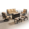Black Metal Meshed 7 Seat 6-Piece Steel Outdoor Fire Pit Patio Set with Beige Cushions, Black Rectangular Fire Pit Table