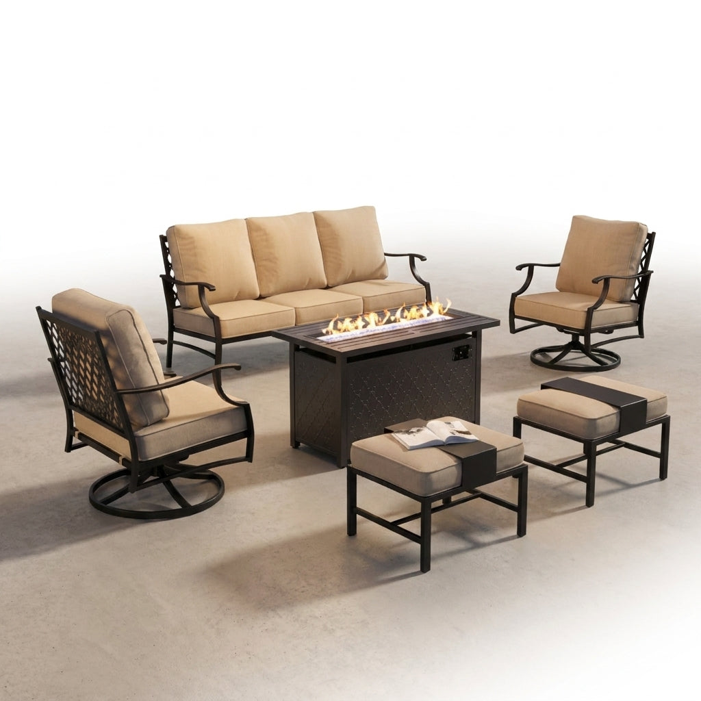 Phi Villa 6-Piece Outdoor Fire Pit Patio Set | 7-Seat Steel Conversation Set with Propane Fire Table & Beige Cushions