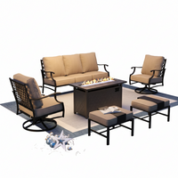 Phi Villa 6-Piece Outdoor Fire Pit Patio Set | 7-Seat Steel Conversation Set with Propane Fire Table & Beige Cushions