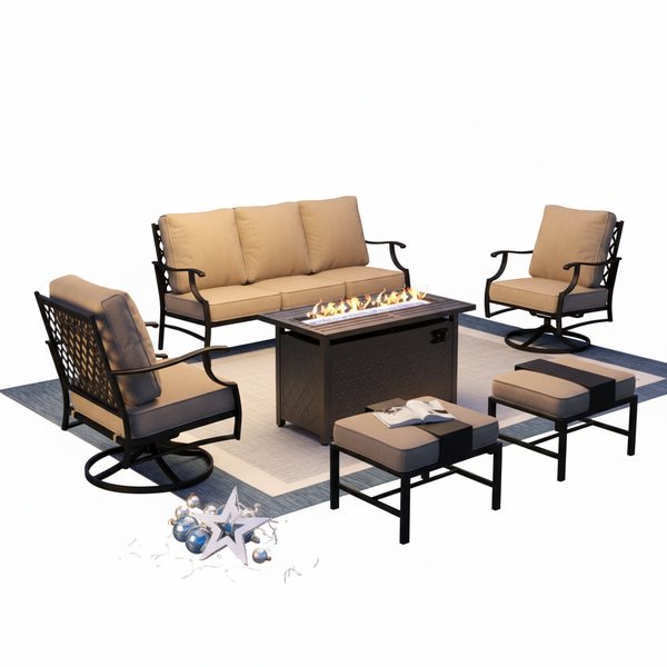 Phi Villa 6-Piece Outdoor Fire Pit Patio Set | 7-Seat Steel Conversation Set with Propane Fire Table & Beige Cushions
