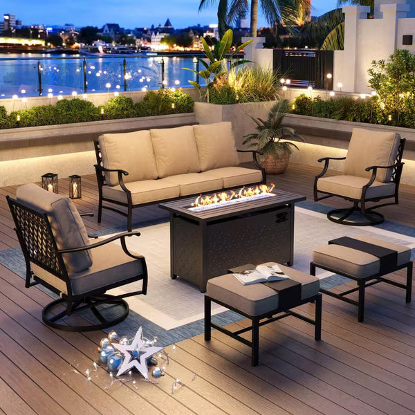Phi Villa 6-Piece Outdoor Fire Pit Patio Set | 7-Seat Steel Conversation Set with Propane Fire Table & Beige Cushions