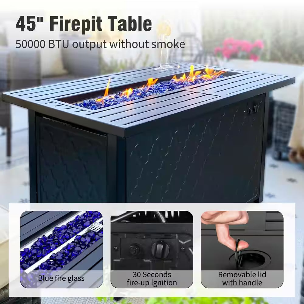 Phi Villa 6-Piece Outdoor Fire Pit Patio Set | 7-Seat Steel Conversation Set with Propane Fire Table & Beige Cushions