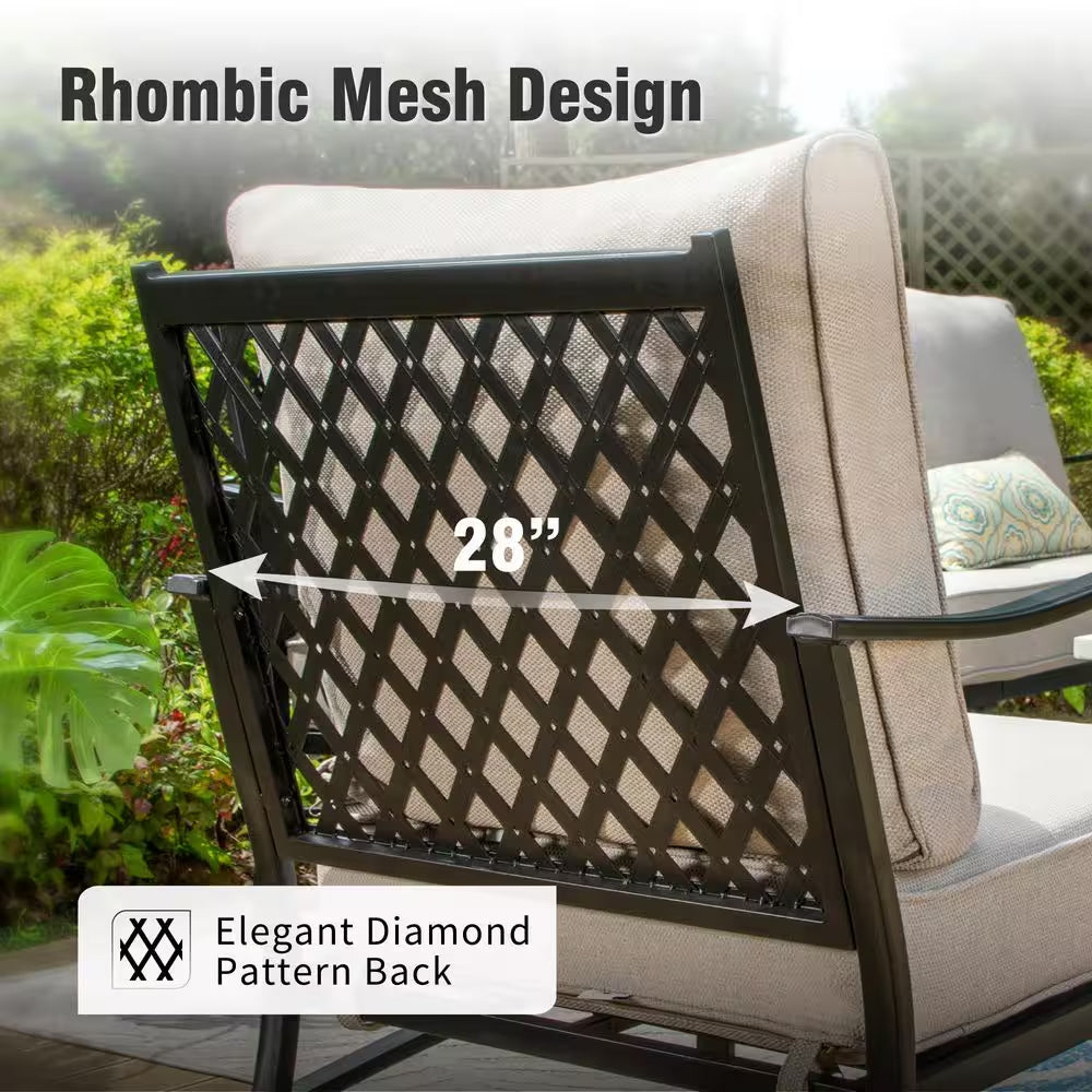 Phi Villa 6-Piece Outdoor Fire Pit Patio Set | 7-Seat Steel Conversation Set with Propane Fire Table & Beige Cushions