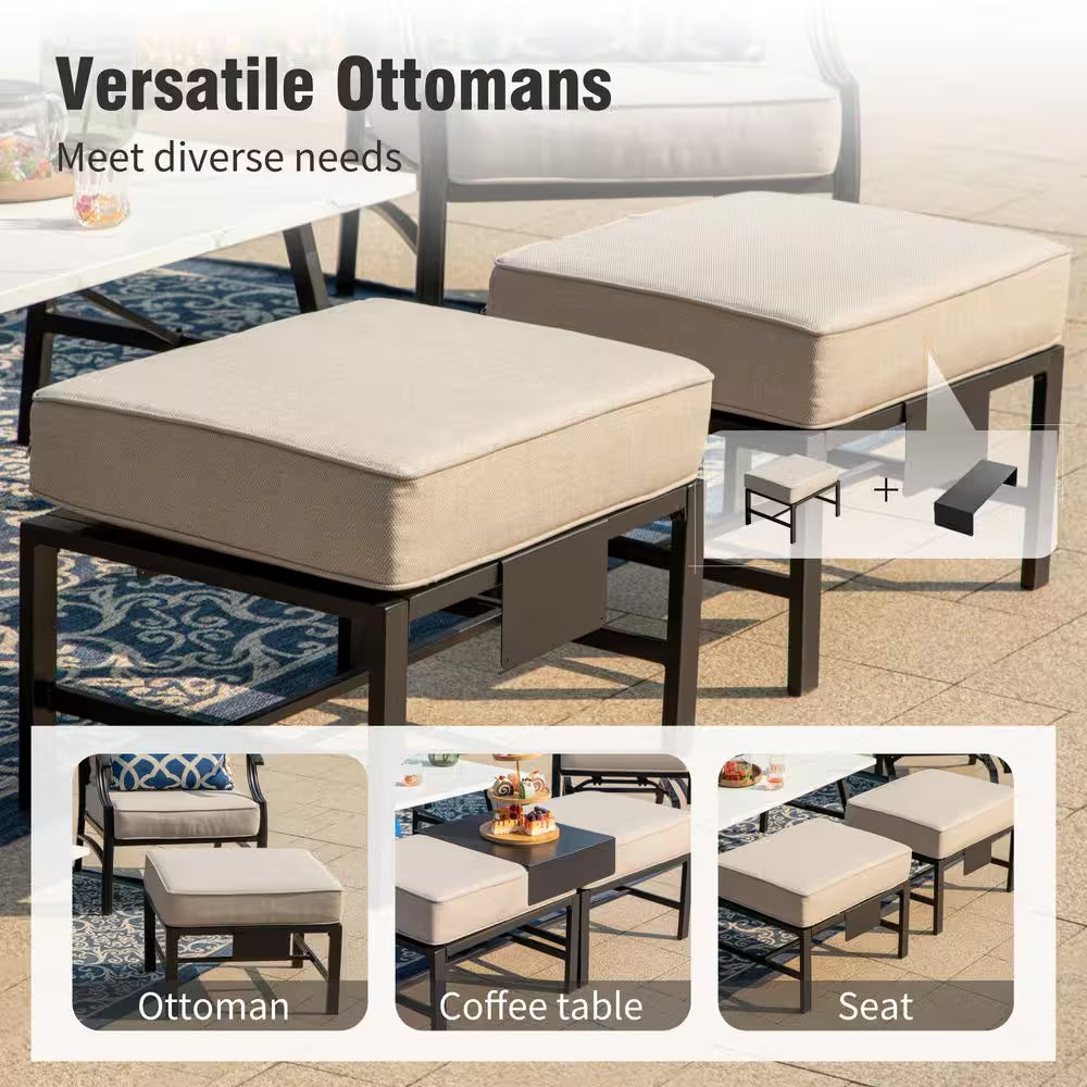 Phi Villa 6-Piece Outdoor Fire Pit Patio Set | 7-Seat Steel Conversation Set with Propane Fire Table & Beige Cushions