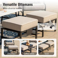 Phi Villa 6-Piece Outdoor Fire Pit Patio Set | 7-Seat Steel Conversation Set with Propane Fire Table & Beige Cushions