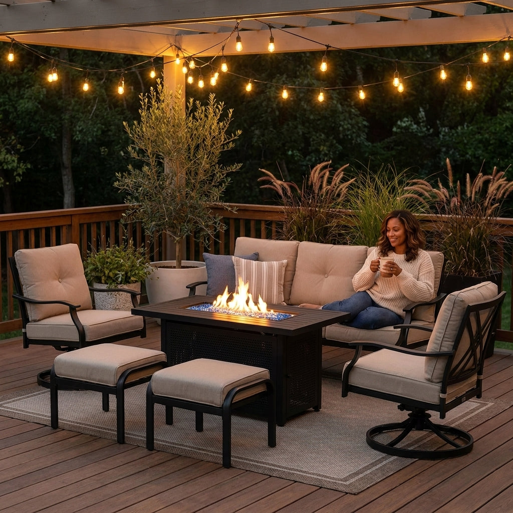 Phi Villa 6-Piece Outdoor Fire Pit Patio Set | 7-Seat Steel Conversation Set with Propane Fire Table & Beige Cushions