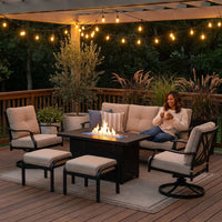 Phi Villa 6-Piece Outdoor Fire Pit Patio Set | 7-Seat Steel Conversation Set with Propane Fire Table & Beige Cushions
