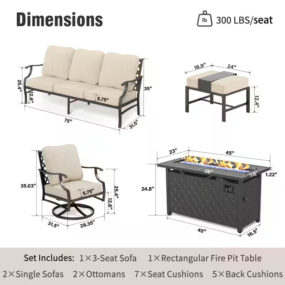 Phi Villa 6-Piece Outdoor Fire Pit Patio Set | 7-Seat Steel Conversation Set with Propane Fire Table & Beige Cushions