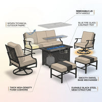 Phi Villa 6-Piece Outdoor Fire Pit Patio Set | 7-Seat Steel Conversation Set with Propane Fire Table & Beige Cushions