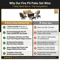 Phi Villa 6-Piece Outdoor Fire Pit Patio Set | 7-Seat Steel Conversation Set with Propane Fire Table & Beige Cushions