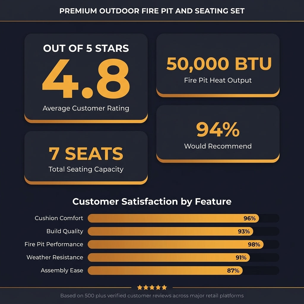 Phi Villa 6-Piece Outdoor Fire Pit Patio Set | 7-Seat Steel Conversation Set with Propane Fire Table & Beige Cushions