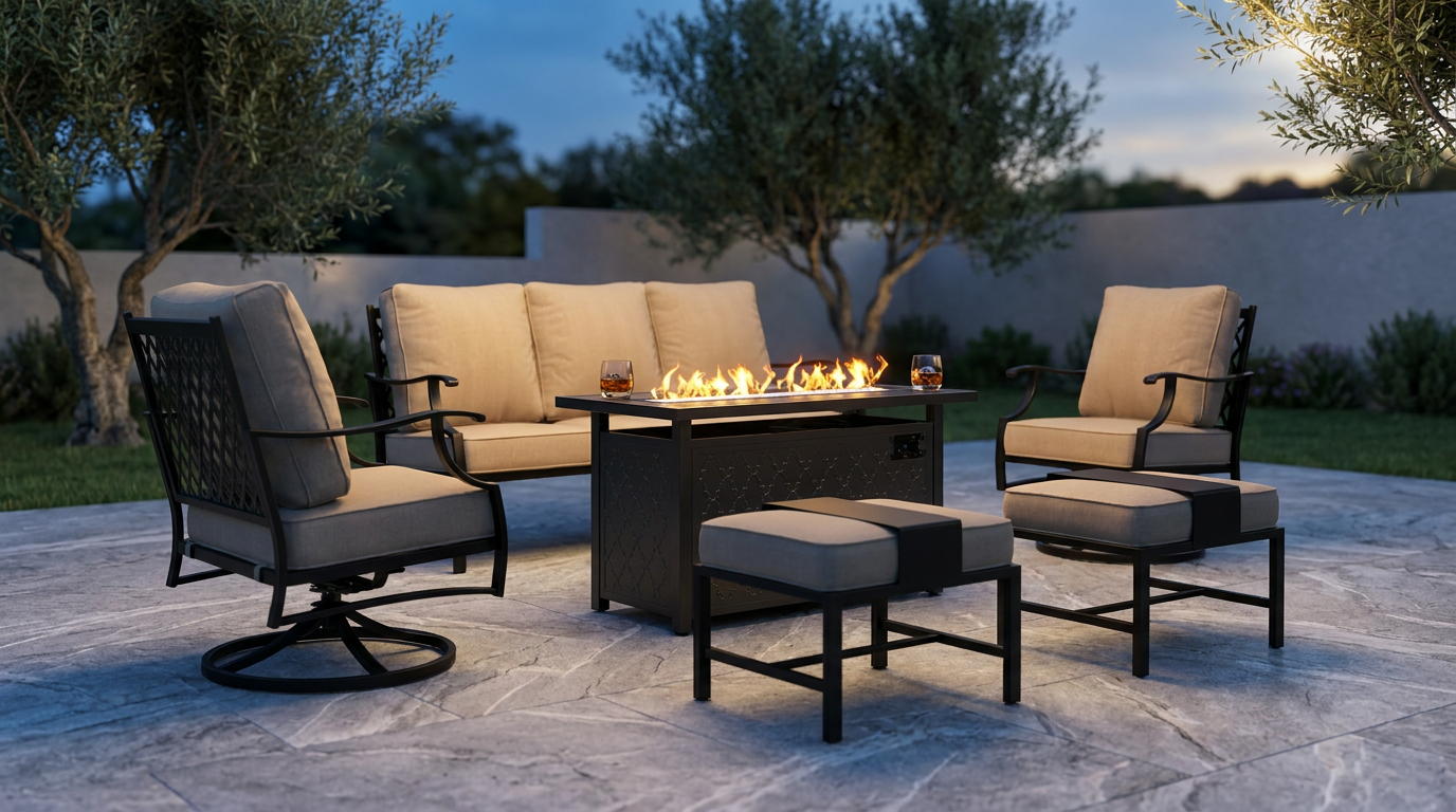 Phi Villa 6-Piece Outdoor Fire Pit Patio Set | 7-Seat Steel Conversation Set with Propane Fire Table & Beige Cushions