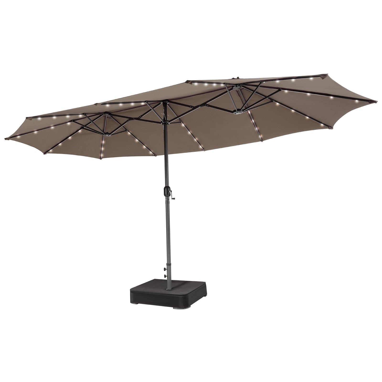 Brown patio umbrella with LED lights on a white background