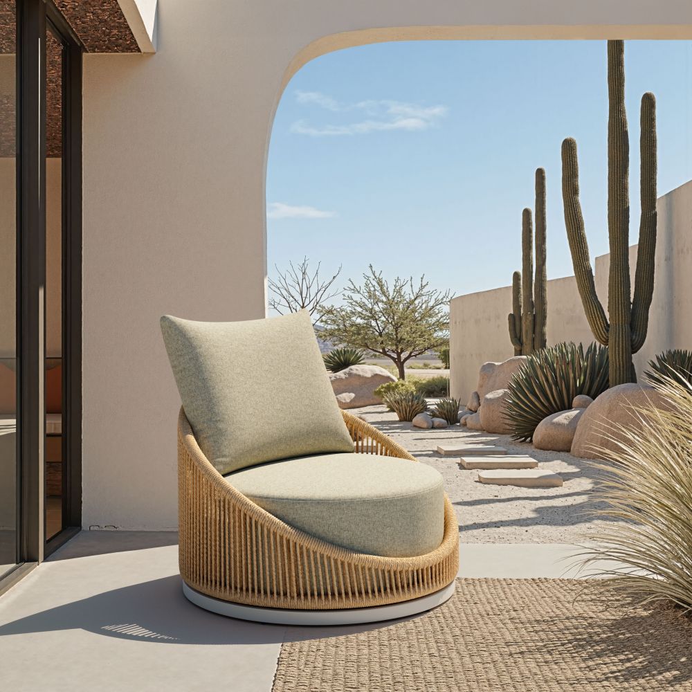 LOOMLAN Cabana Swivel Outdoor Accent Chair | Olefin Fabric & Rattan Weave | Grey & Brown