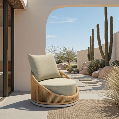 LOOMLAN Cabana Swivel Outdoor Accent Chair | Olefin Fabric & Rattan Weave | Grey & Brown