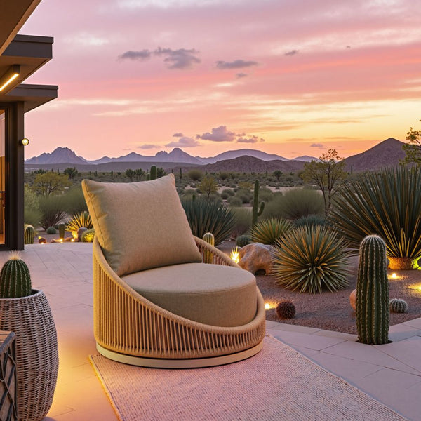 Beige outdoor chair with a pillow on a patio at sunset with mountains in the background