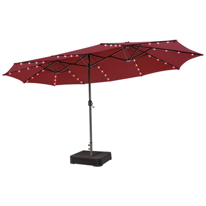 Red patio umbrella with LED lights on a white background