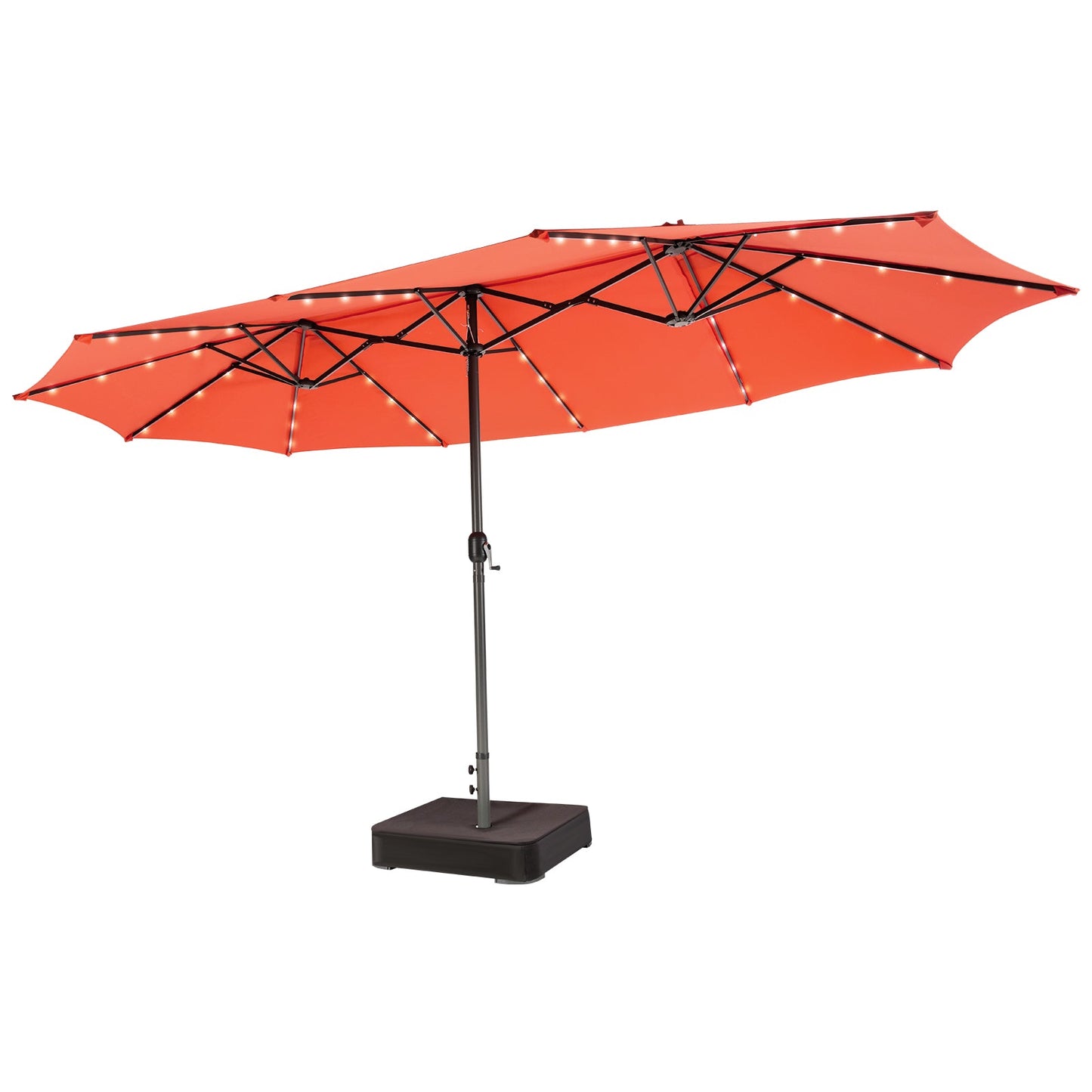 Orange patio umbrella with LED lights on a white background