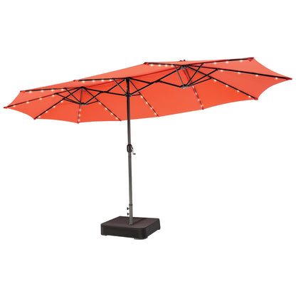 Orange patio umbrella with LED lights on a white background