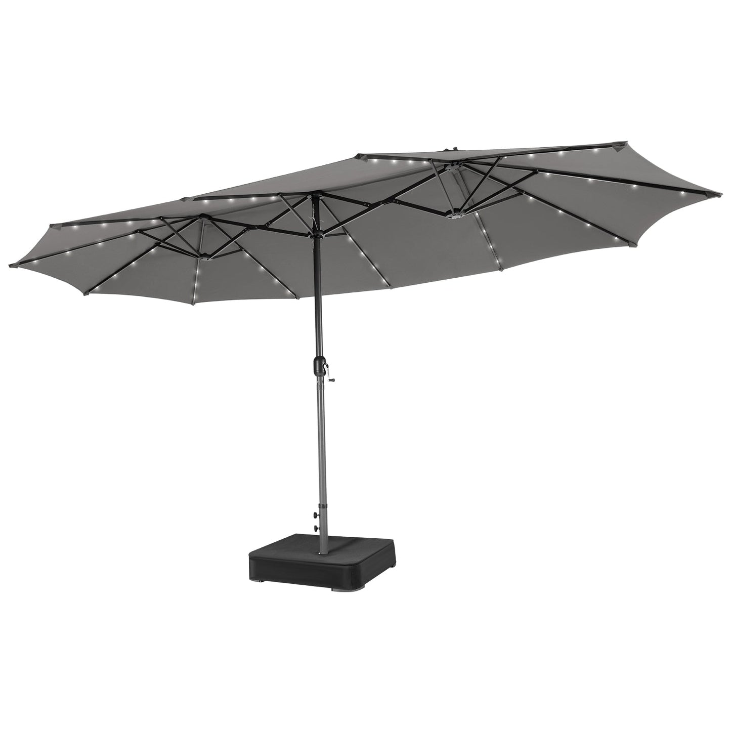 Gray patio umbrella with solar lights on a white background