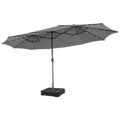 Gray patio umbrella with solar lights on a white background